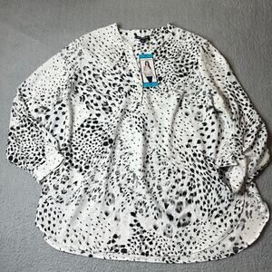 Hilary Radley Top Womens 2X White‎ Leopard Print Roll Sleeve Tunic Blouse NEW